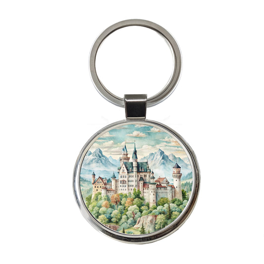 German Castle Watercolor Neuschwanstein Round Metal Keychain