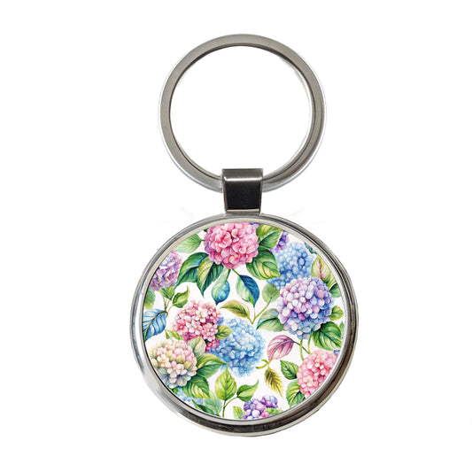 Hydrangea Floral Flowers Round Metal Keychain