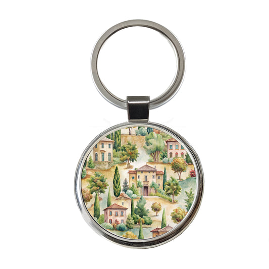 Italian Villa Hillside Town Italy Round Metal Keychain