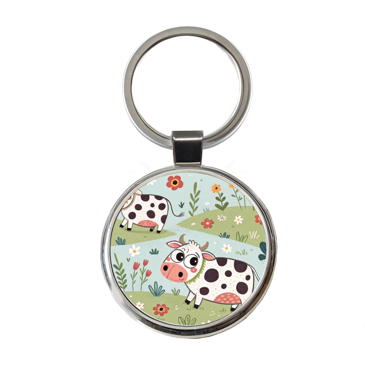 Adorable Dairy Cows Round Metal Keychain