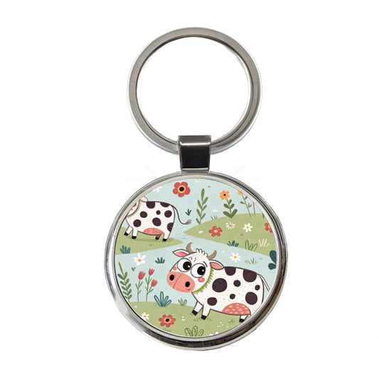 Adorable Dairy Cows Round Metal Keychain