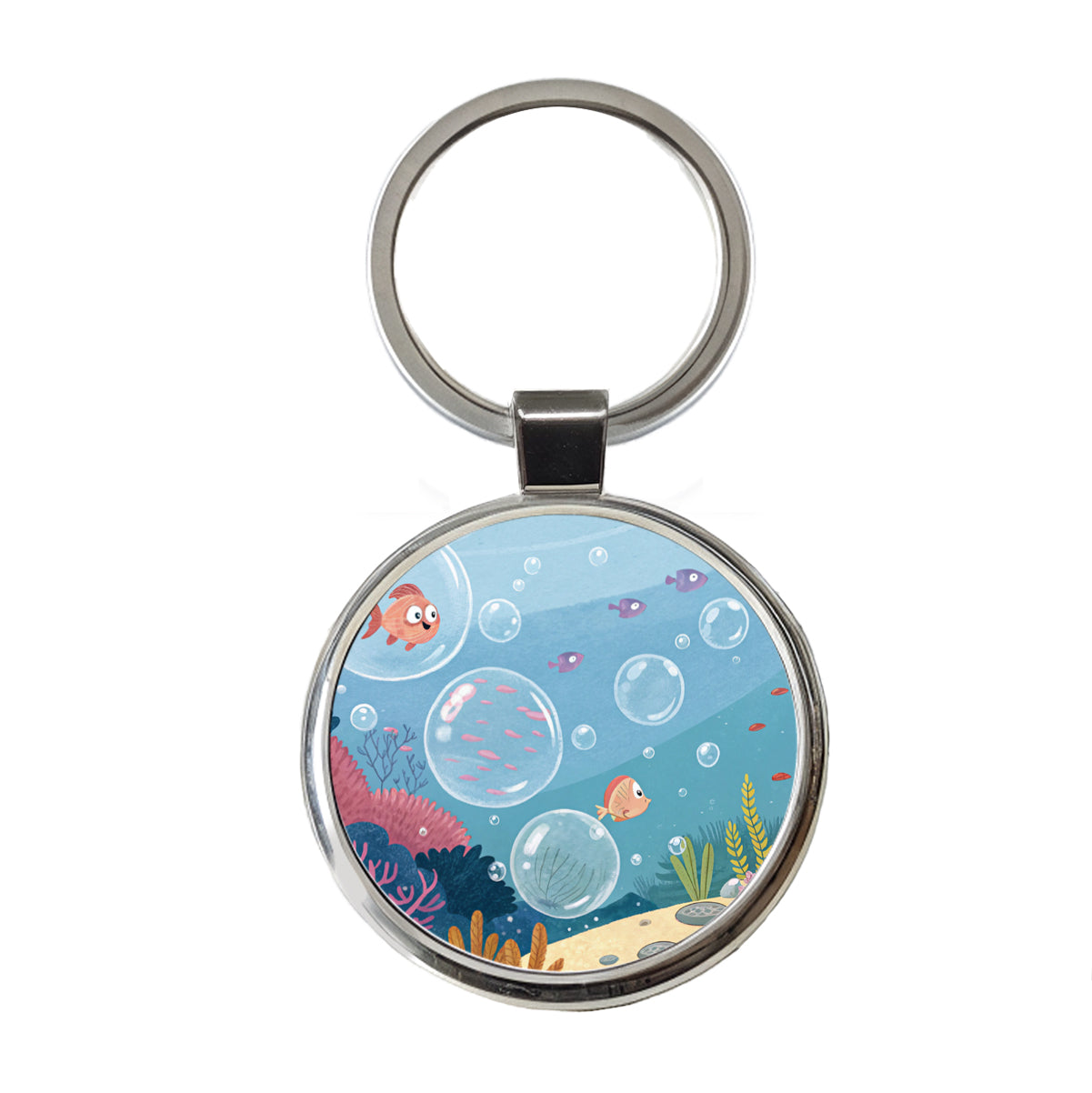 Bubbles Under Water Fish Round Metal Keychain