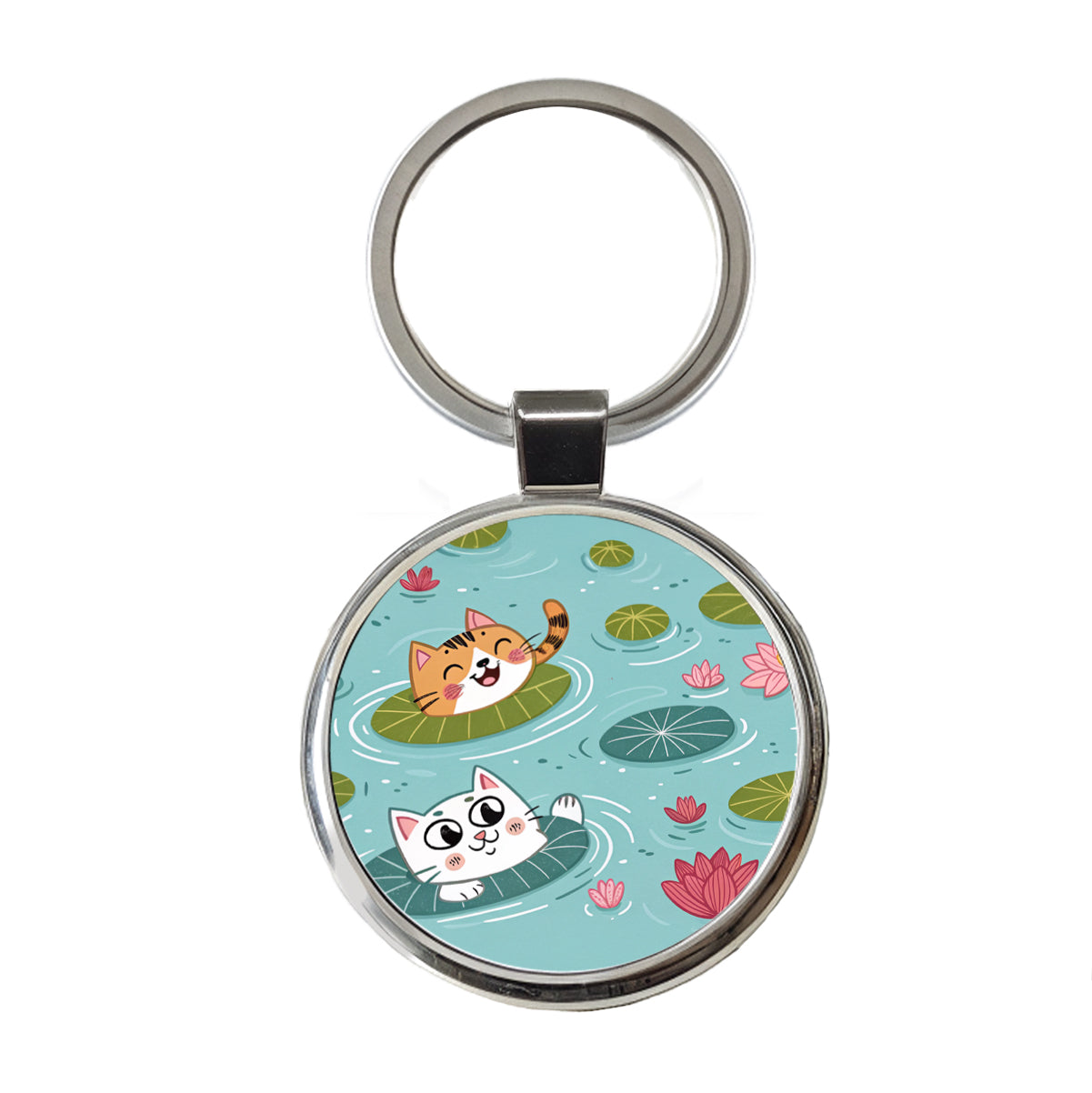 Cats Swimming In Pond Round Metal Keychain