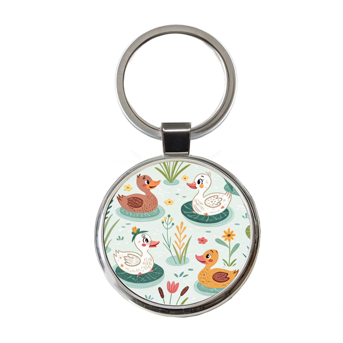 Cute Ducks In Pond Round Metal Keychain