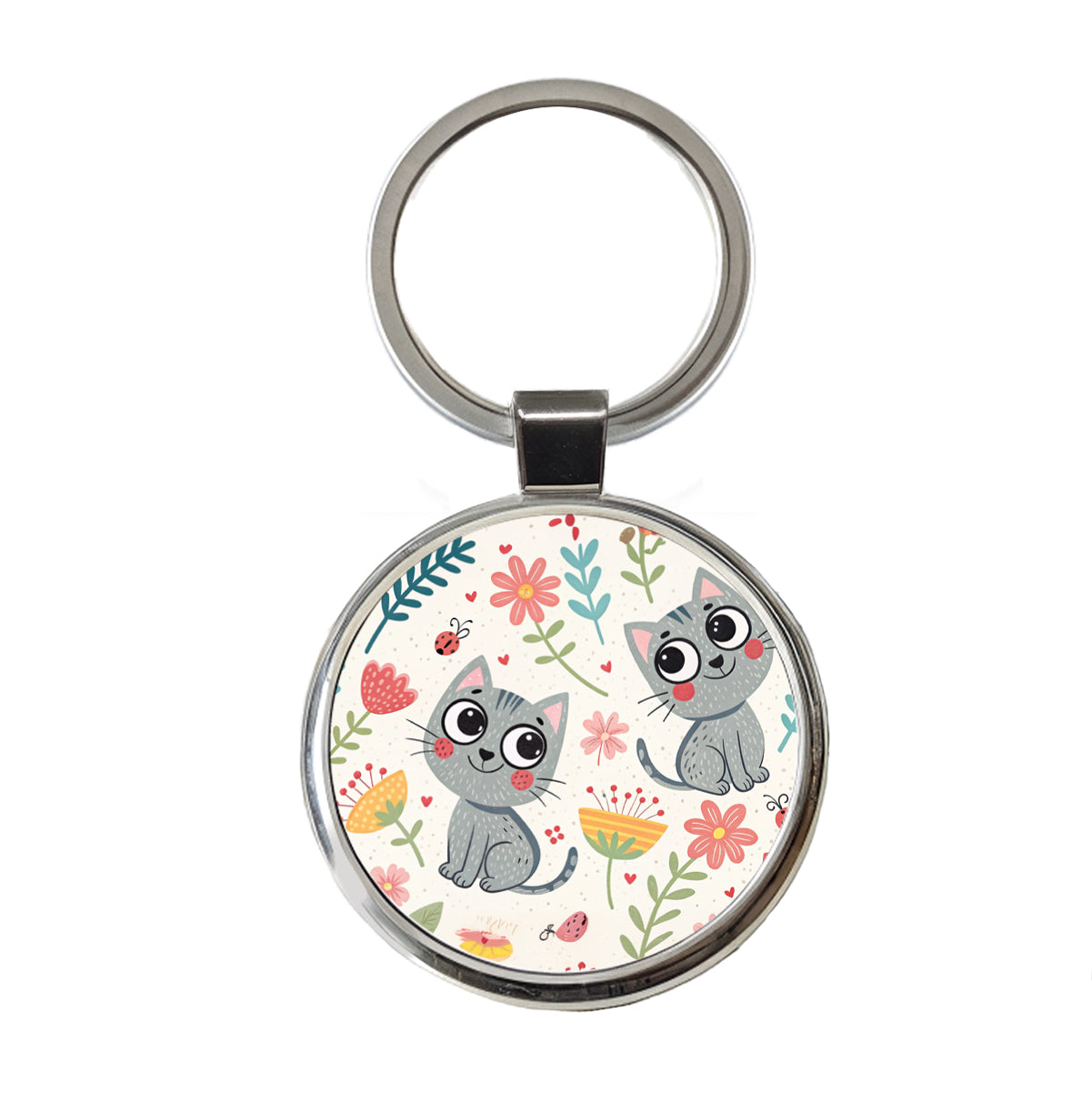 Cute Gray Cats Round Metal Keychain