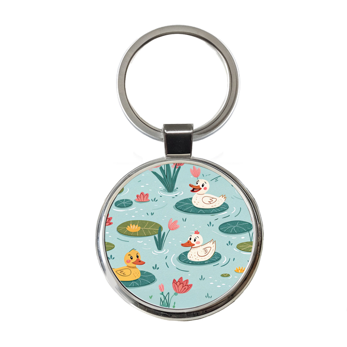 Ducks In Pond Round Metal Keychain