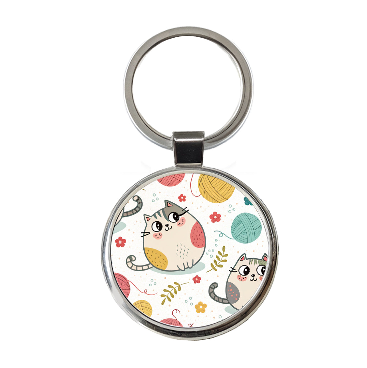 Fat Cats And Yarn Knitting Crochet Round Metal Keychain