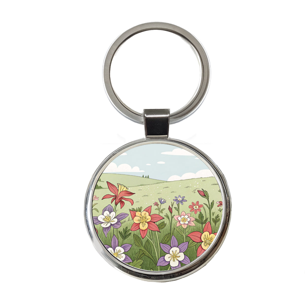 Field Of Columbine Flowers Round Metal Keychain