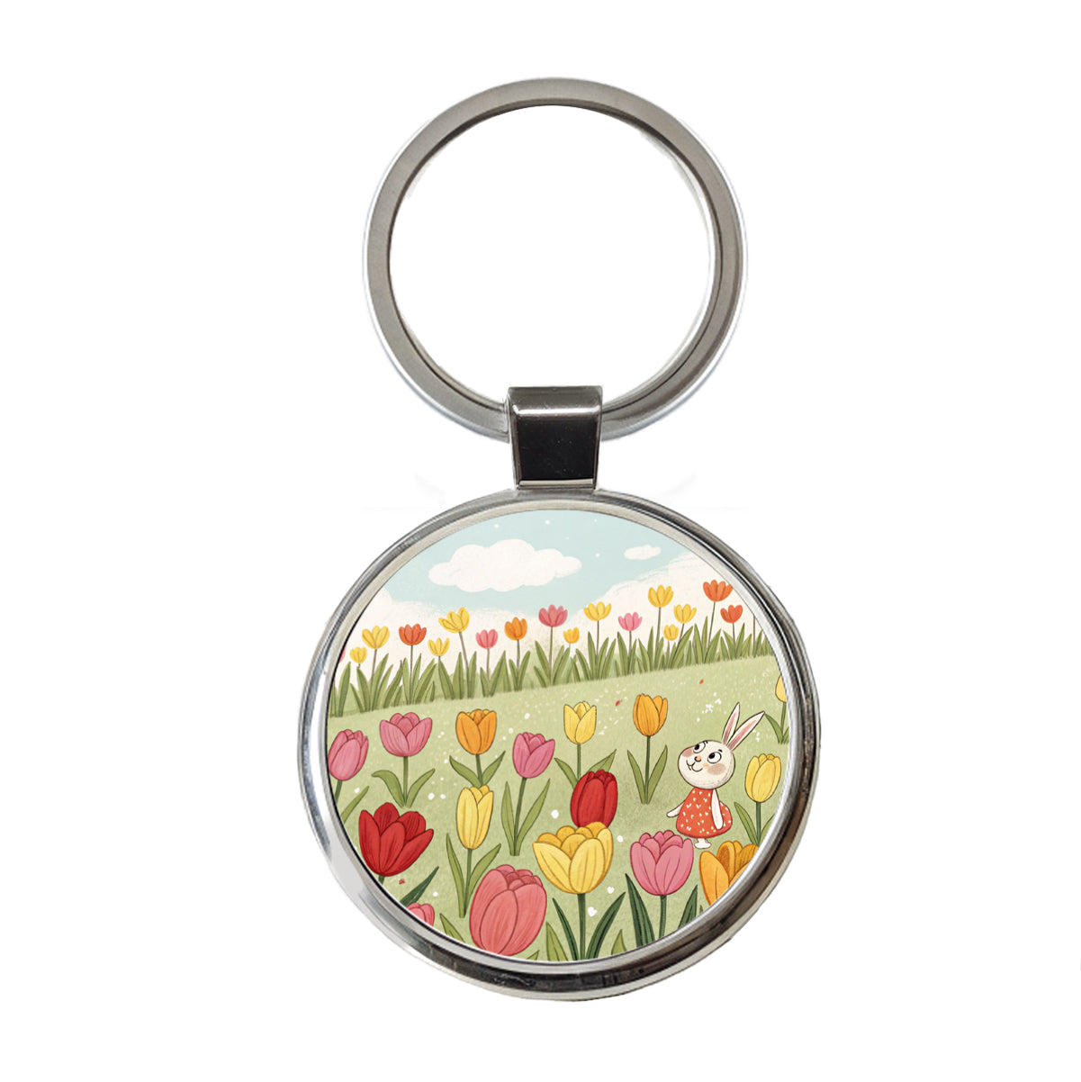 Field Of Tulips And Bunny Flowers Round Metal Keychain