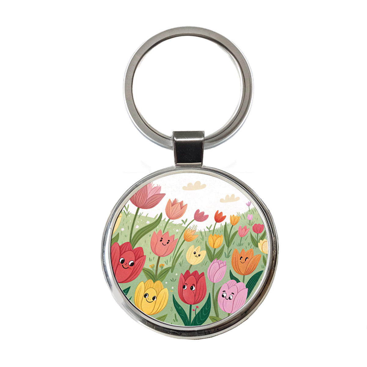 Field Of Tulips Flowers Round Metal Keychain