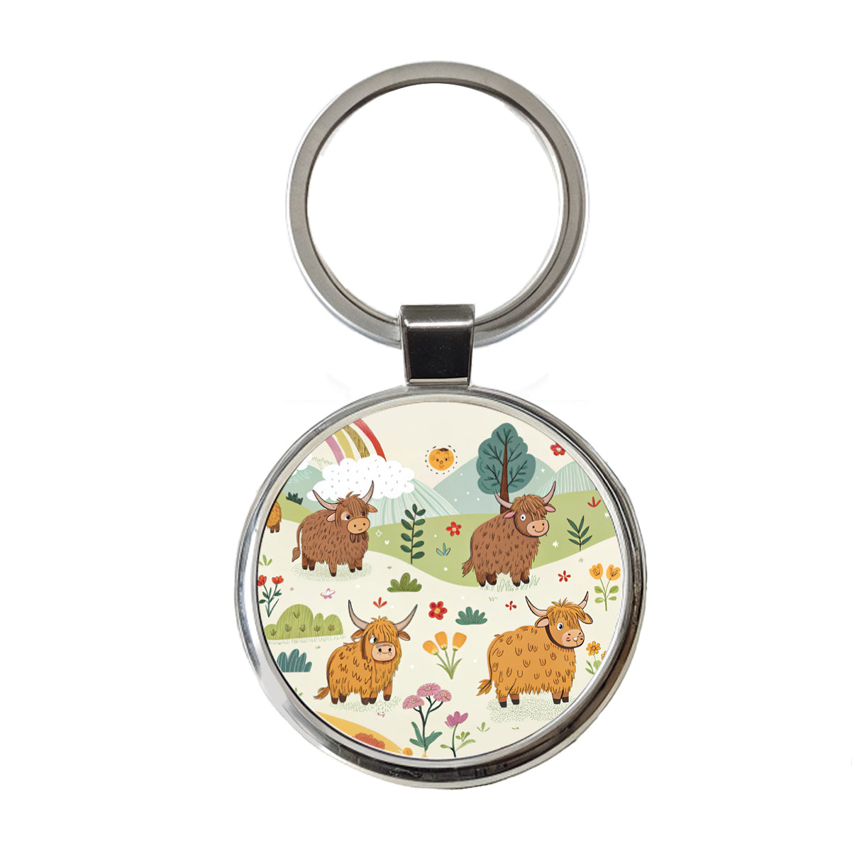 Highland Cows Scattered Round Metal Keychain