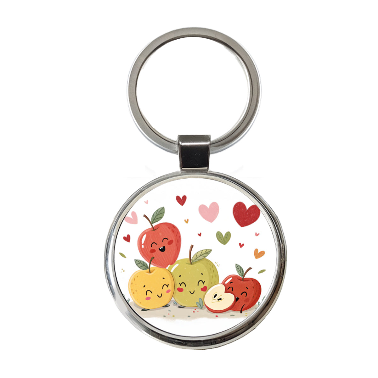 Kawaii Apples And Hearts Round Metal Keychain