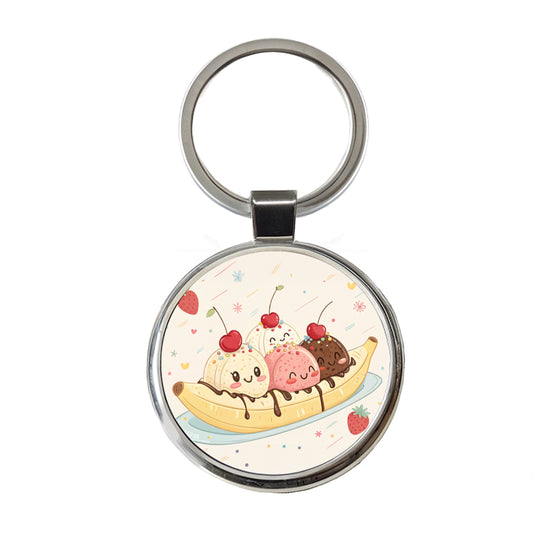 Kawaii Banana Split Ice Cream Round Metal Keychain