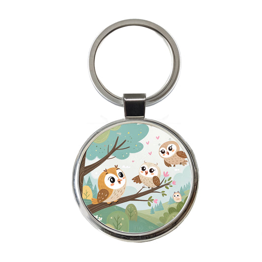 Kawaii Barn Owls Round Metal Keychain