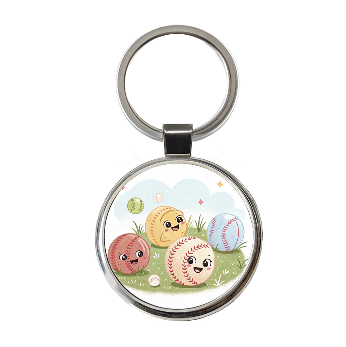 Kawaii Baseballs Round Metal Keychain