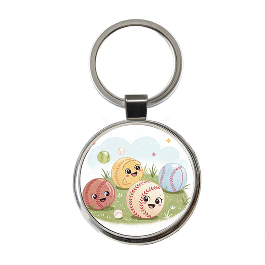 Kawaii Baseballs Round Metal Keychain