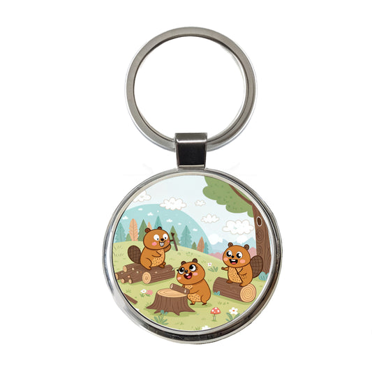 Kawaii Beavers Round Metal Keychain