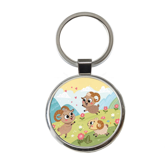 Kawaii Bighorn Sheep Round Metal Keychain