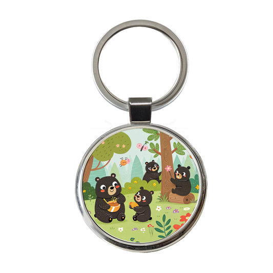 Kawaii Black Bears Round Metal Keychain