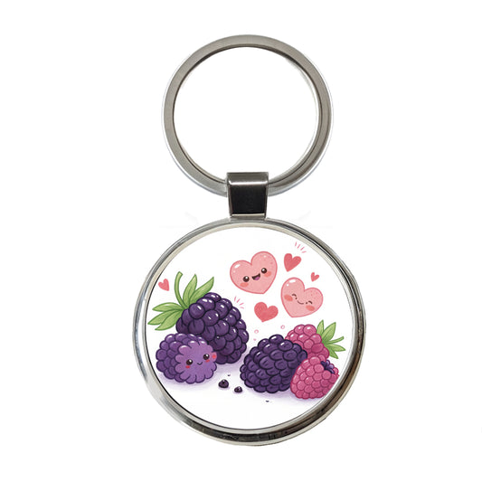 Kawaii Blackberries And Hearts Round Metal Keychain