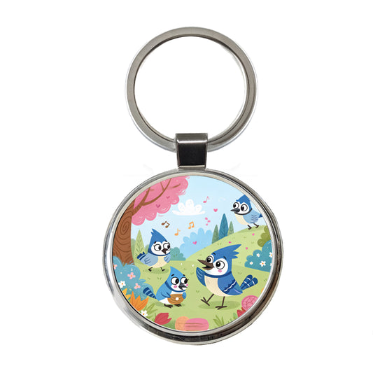 Kawaii Blue Jays Birds Round Metal Keychain