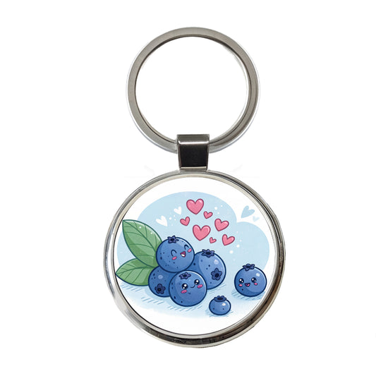 Kawaii Blueberries And Hearts Round Metal Keychain