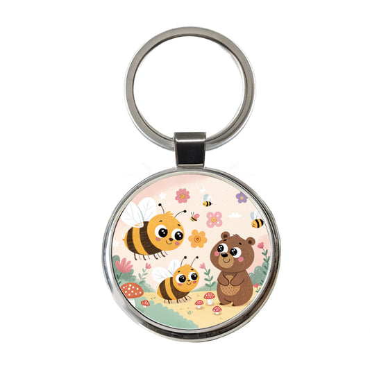 Kawaii Bumble Bees Bear Round Metal Keychain