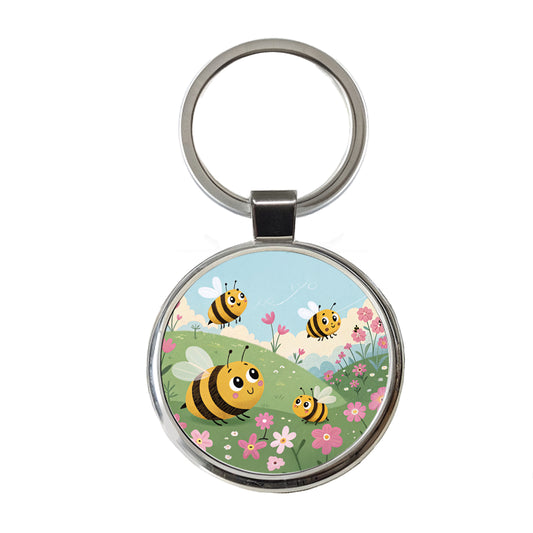 Kawaii Bumble Bees Round Metal Keychain