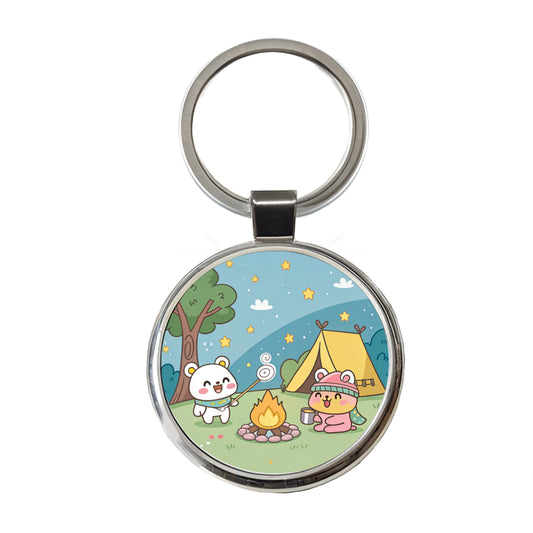 Kawaii Camping Campfire Tent Round Metal Keychain