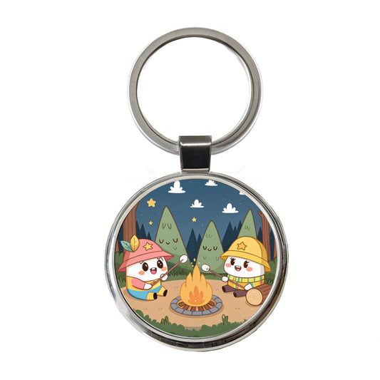 Kawaii Camping Roasting Marshmallows Round Metal Keychain
