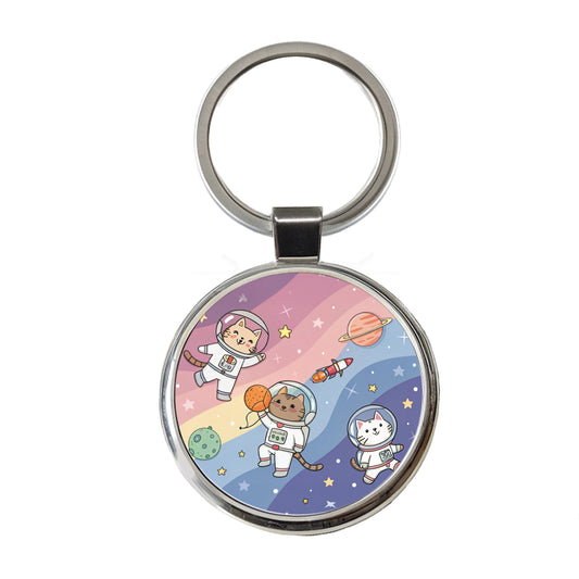 Kawaii Cat Astronauts Round Metal Keychain
