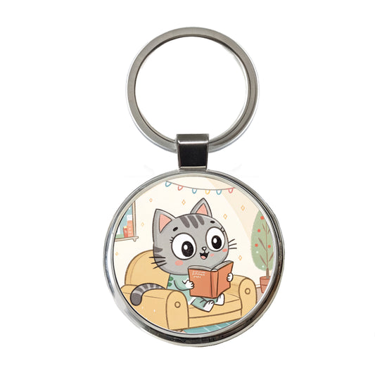 Kawaii Cat Reading Book On Couch Reader Round Metal Keychain