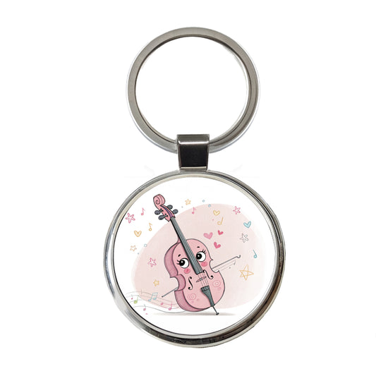 Kawaii Cello Music Round Metal Keychain