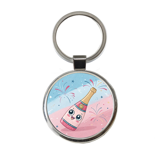 Kawaii Champagne Celebrate Round Metal Keychain