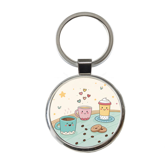 Kawaii Coffee Cups Latte Cappuccino Round Metal Keychain