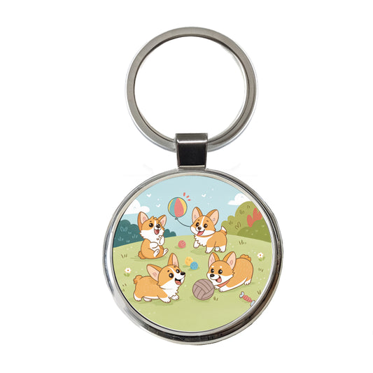 Kawaii Corgis Dogs Playing Round Metal Keychain