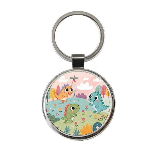 Kawaii Dinosaurs Round Metal Keychain