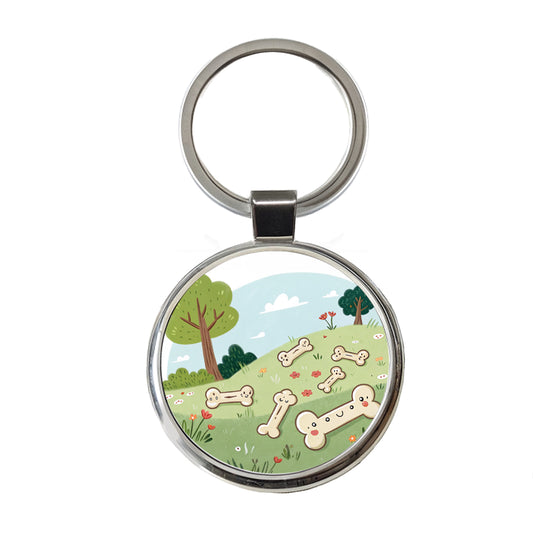 Kawaii Dog Bones Round Metal Keychain