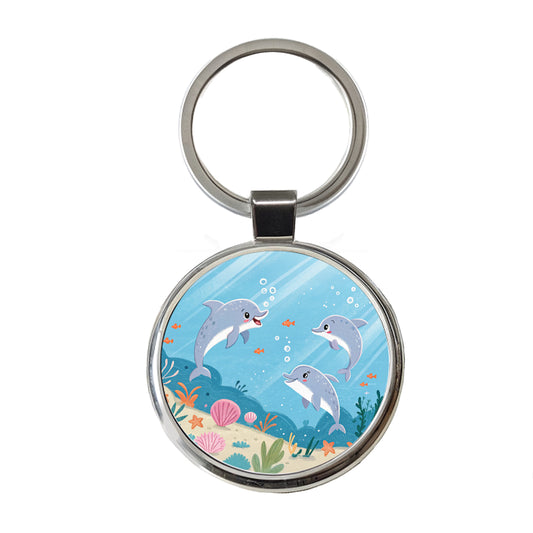 Kawaii Dolphins Round Metal Keychain