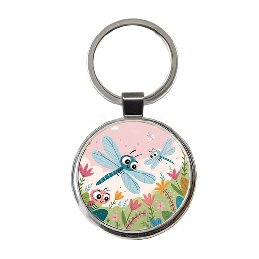 Kawaii Dragonflies Round Metal Keychain