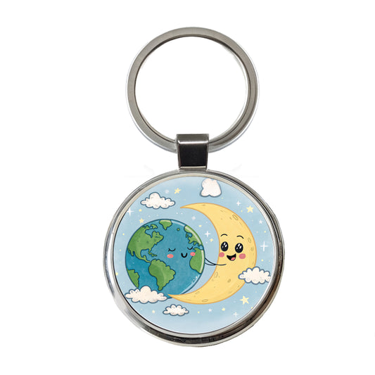 Kawaii Earth And Crescent Moon Round Metal Keychain