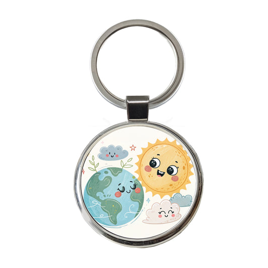 Kawaii Earth And Sun Round Metal Keychain