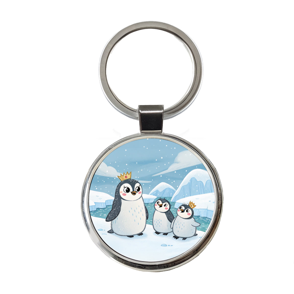 Kawaii Emperor Penguins Round Metal Keychain