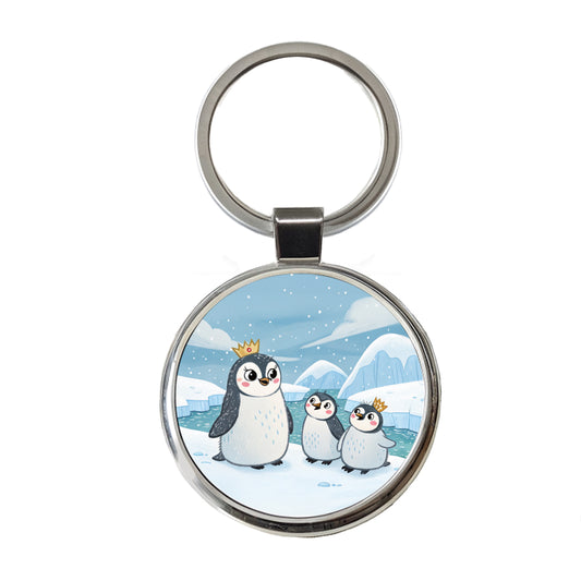 Kawaii Emperor Penguins Round Metal Keychain