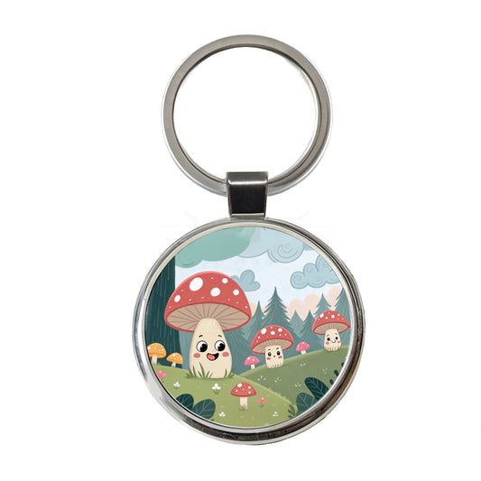 Kawaii Forest Mushrooms Round Metal Keychain