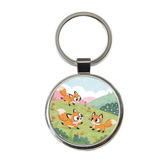 Kawaii Foxes Round Metal Keychain