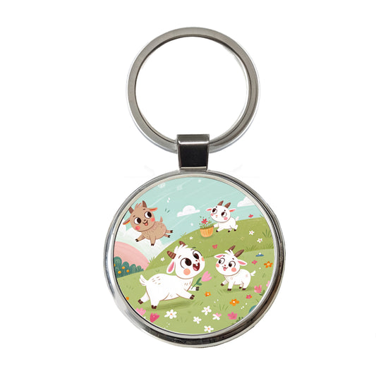 Kawaii Goats Round Metal Keychain