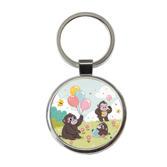 Kawaii Gorillas Round Metal Keychain