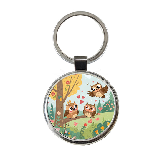 Kawaii Great Horned Owls Round Metal Keychain