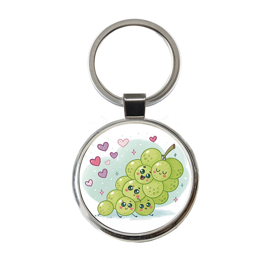 Kawaii Green Grapes And Hearts Round Metal Keychain